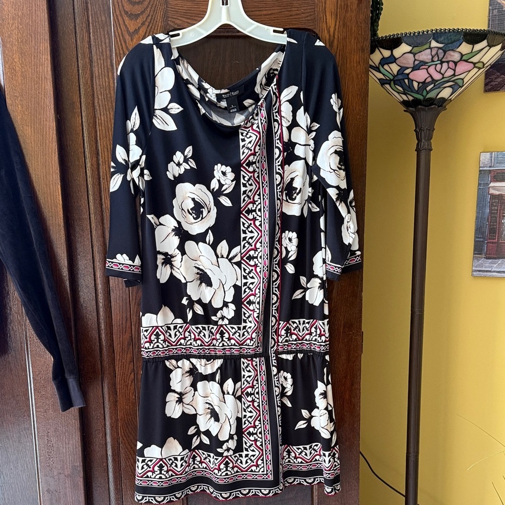 WHBM Floral Black & White Elbow Sleeve Gathered Waist Tunic Dress